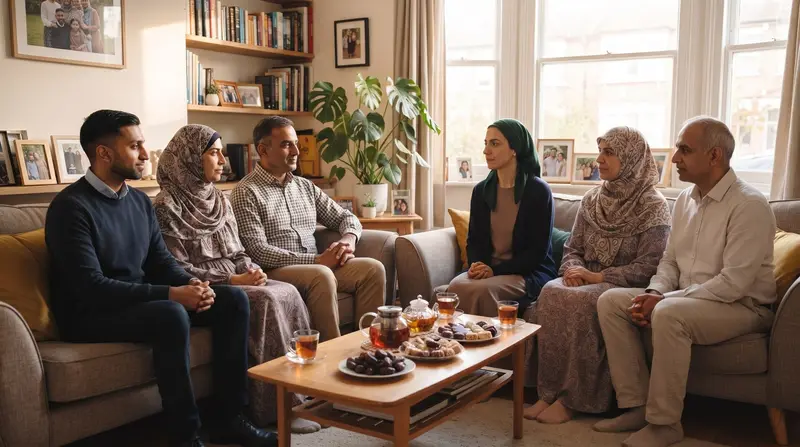 Two Muslim families meeting together in a family living room over tea, with parents present and the couple seated opposite each other