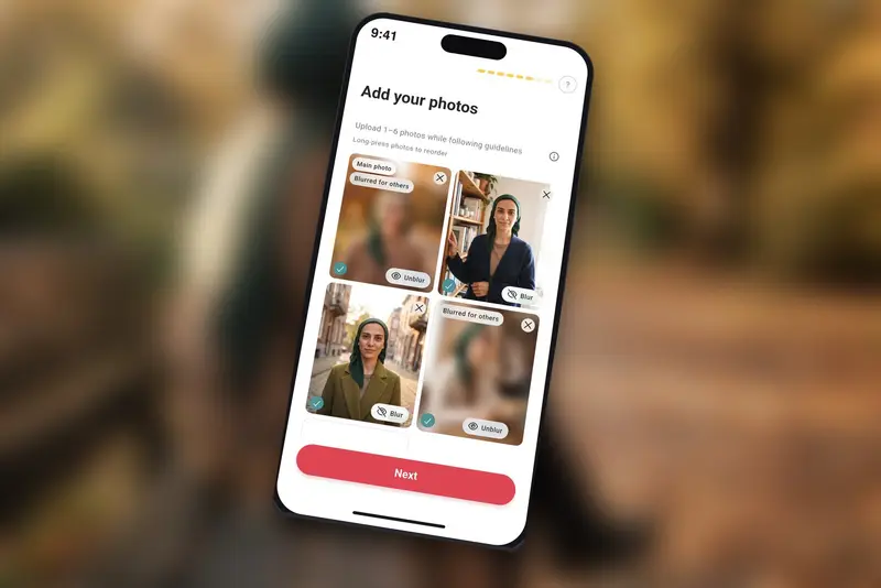 The Add your photos screen of the Habiboo app, with the main photo of a Muslim woman and one more photo blurred for others, and two photos shown clearly