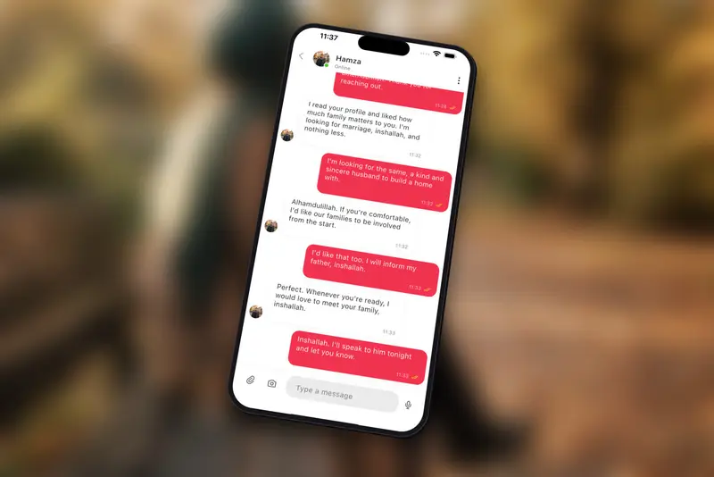 A respectful conversation on the Habiboo app between two matched members who are both looking for marriage and talking about involving their families