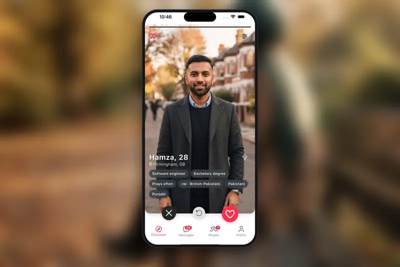 The Discover screen of the Habiboo app, showing the profile of a British Pakistani man with his job, education and background