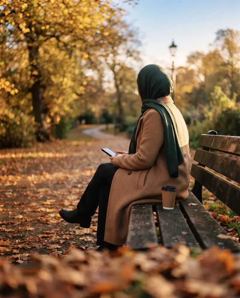 A Muslim woman in a green headscarf and camel coat sitting on a park bench in autumn, looking at her phone