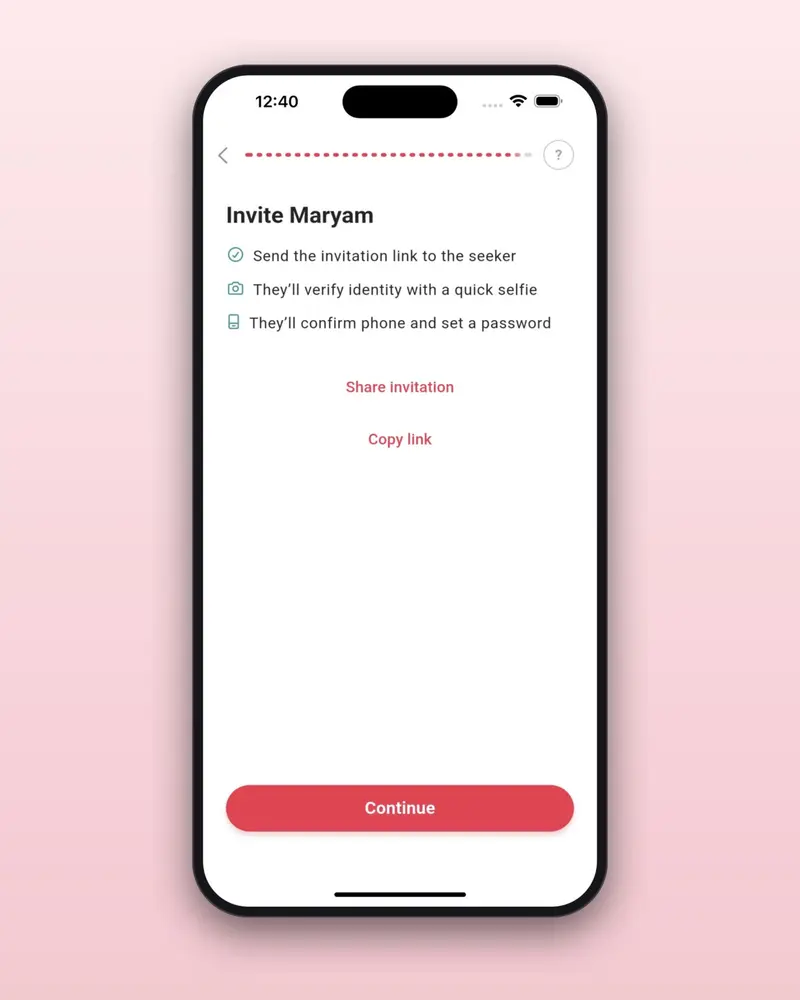 The Habiboo screen for inviting a seeker with a private invitation link to share