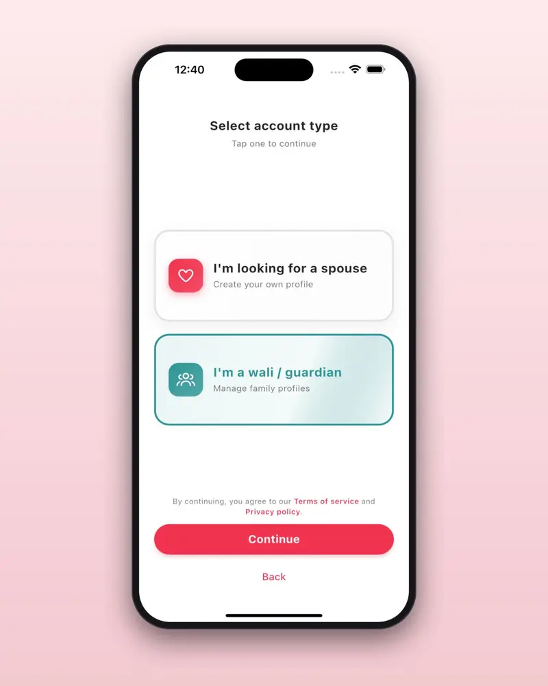 The Habiboo account type screen with the wali or guardian option selected