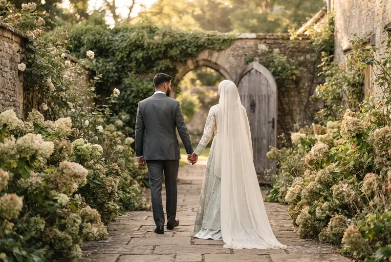 A Muslim couple walking hand in hand along a stone garden path after their Nikah, seen from behind