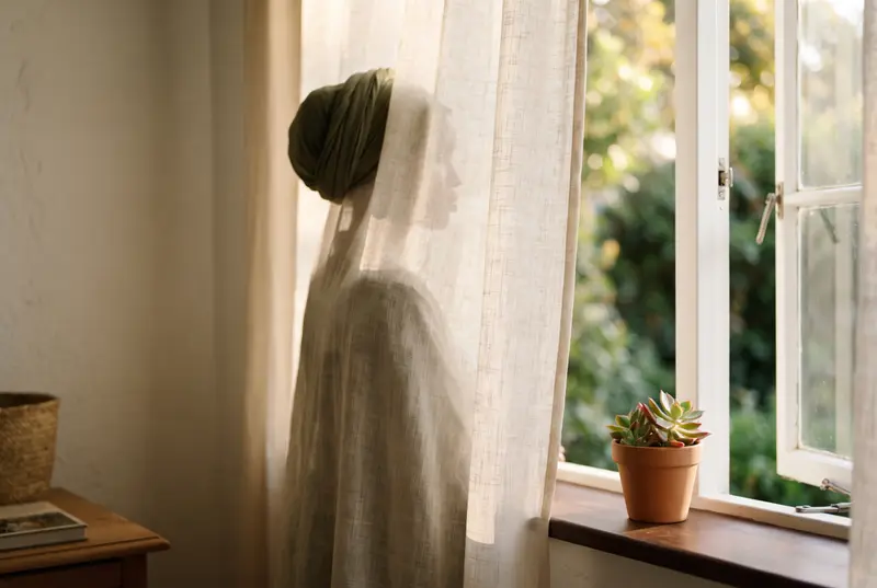 A woman in a headscarf softly silhouetted behind a sheer curtain beside an open window, suggesting privacy
