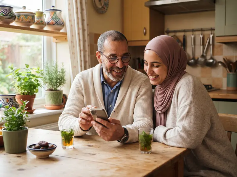 A Muslim father and his adult daughter smiling together over a phone at a kitchen table, going through a marriage search as a family