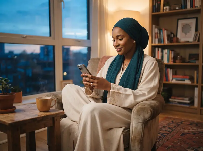 A young Muslim woman in a teal headscarf using a marriage app on her own in her living room, in control of her own profile