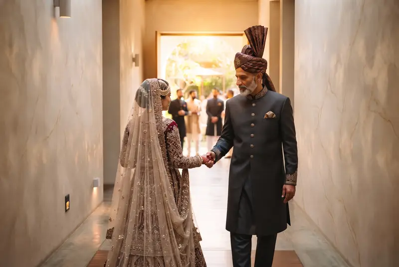 A father in traditional dress holding his daughter's hand as he walks her along a sunlit corridor on her wedding day
