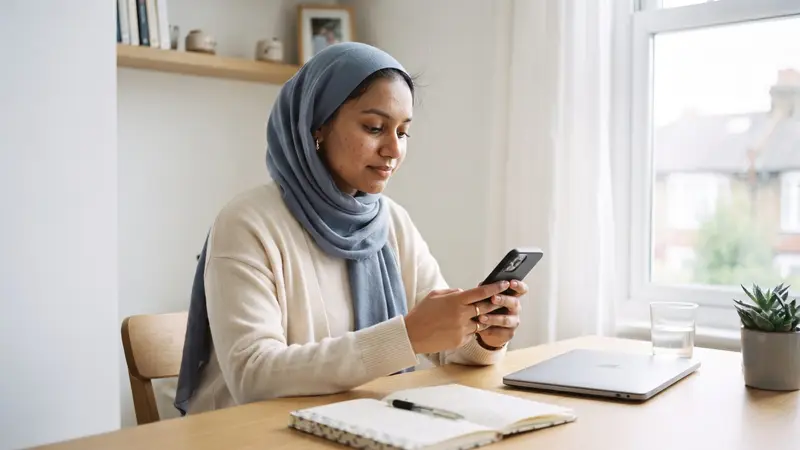 A woman in a dusty-blue headscarf sitting at a desk by a bright window, checking her phone carefully
