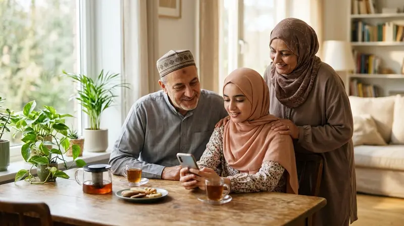 A British Muslim family looking at the Habiboo marriage app together