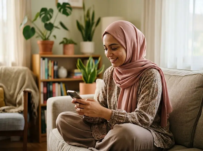 A young Muslim woman using the Habiboo Nikah app on her own