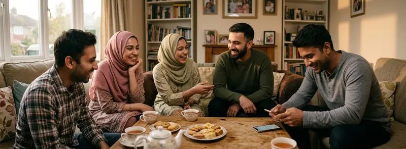 Young British Muslim siblings and cousins laughing together over tea
